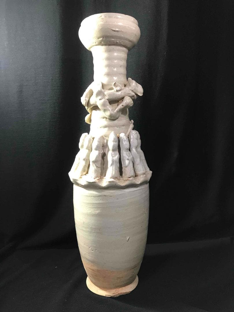 漢時代　白磁貼塑人佣龍文魂大瓶　花瓶　唐物　古賞物　時代物(D-42)