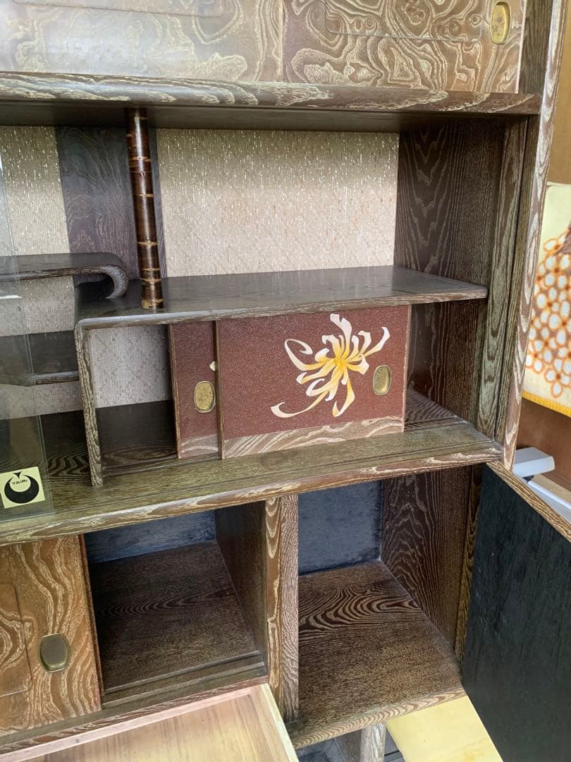 しい木目の昭和レトロ茶箪笥　和家具　木製　一体型