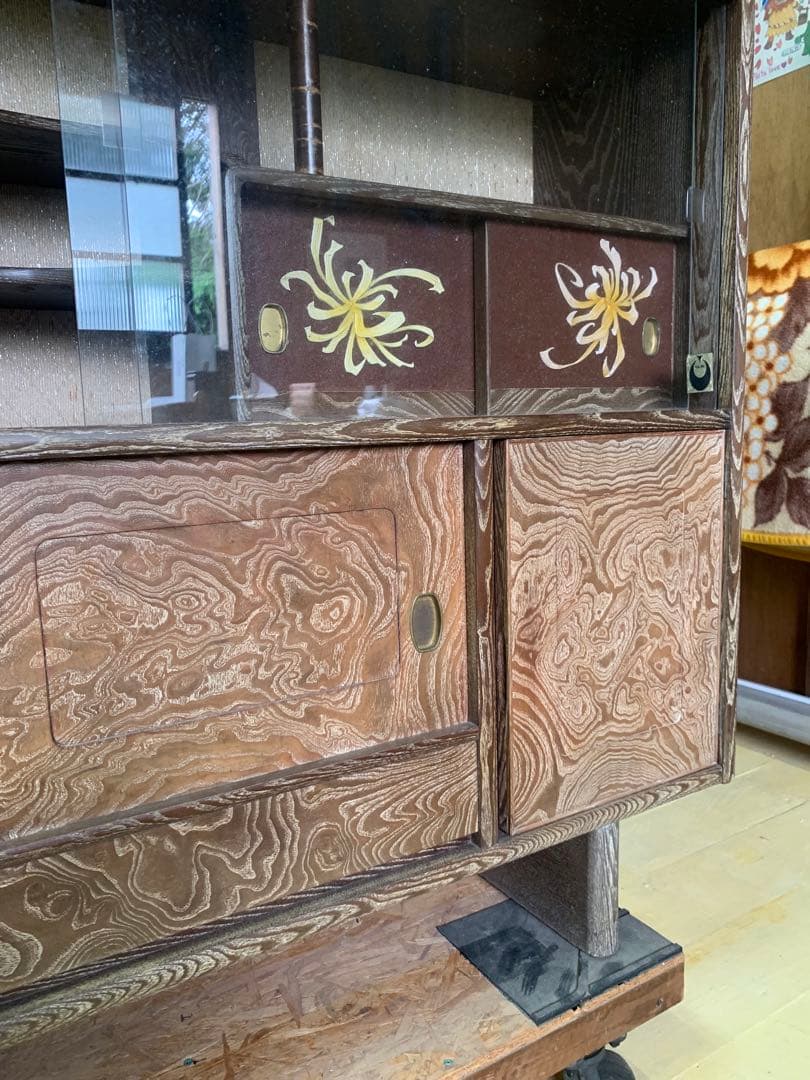 しい木目の昭和レトロ茶箪笥　和家具　木製　一体型