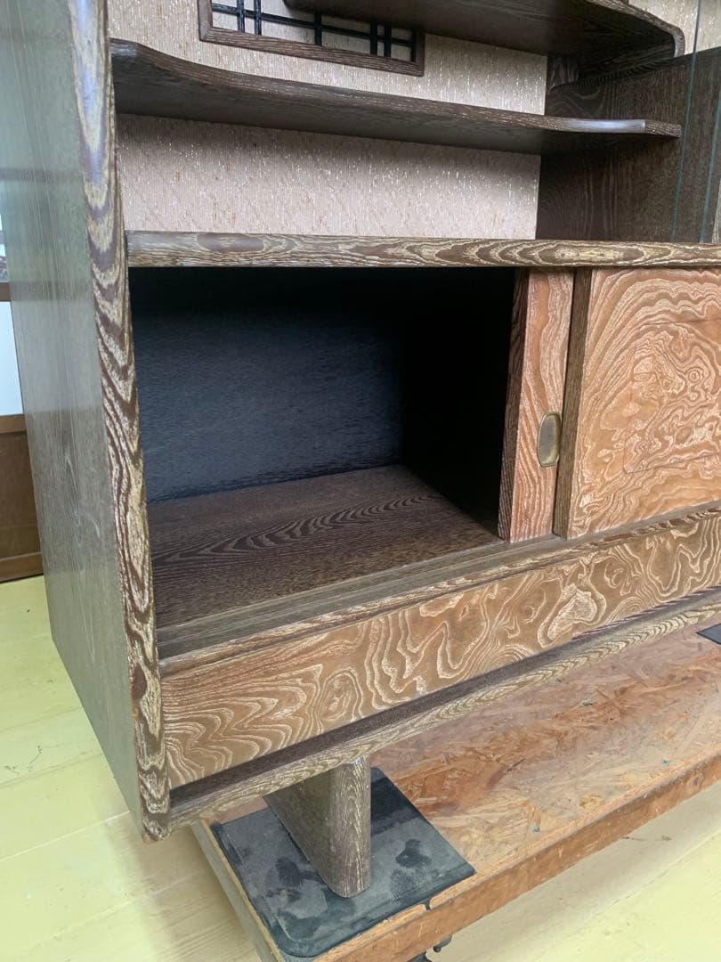 しい木目の昭和レトロ茶箪笥　和家具　木製　一体型