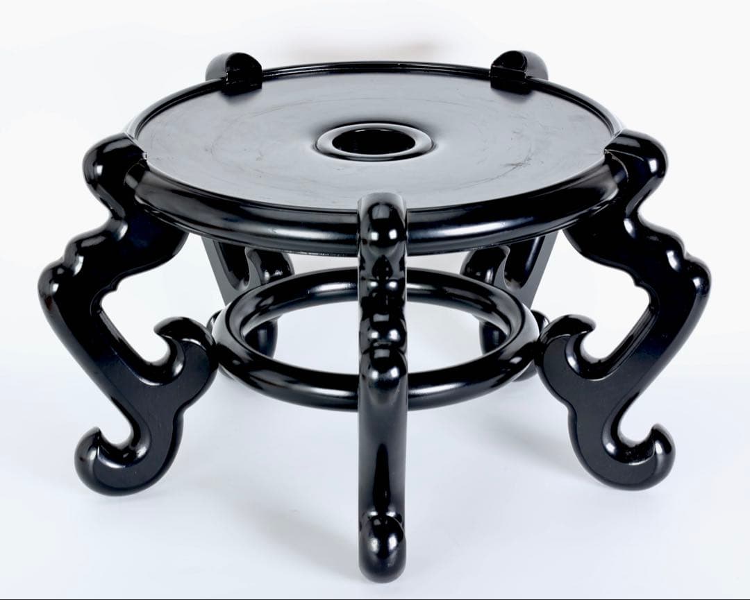 黒塗 飾り台 花台 壺台 木製 唐草脚 大型32.5cm 置台 盆栽台 古美術