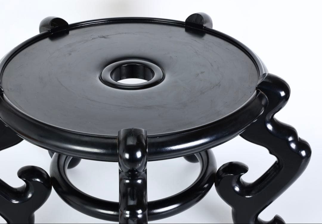 黒塗 飾り台 花台 壺台 木製 唐草脚 大型32.5cm 置台 盆栽台 古美術