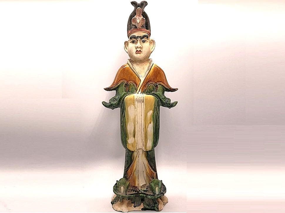 【 三彩人物俑 】 17～18世紀　大型陶俑　美品　56ｃｍ　誂え箱付き