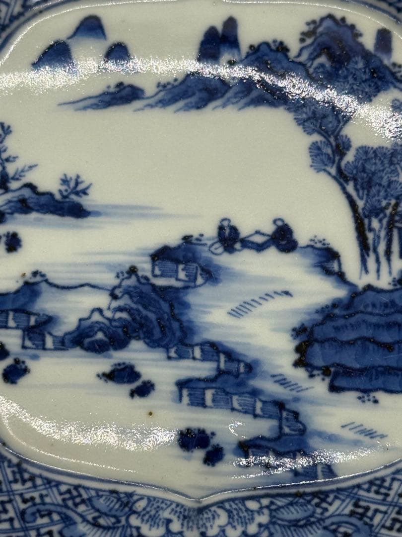 中国　染付　山水人物紋　菱型皿5点　玉玩製　送料込み251112