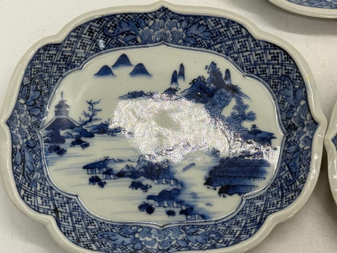 中国　染付　山水人物紋　菱型皿5点　玉玩製　送料込み251112