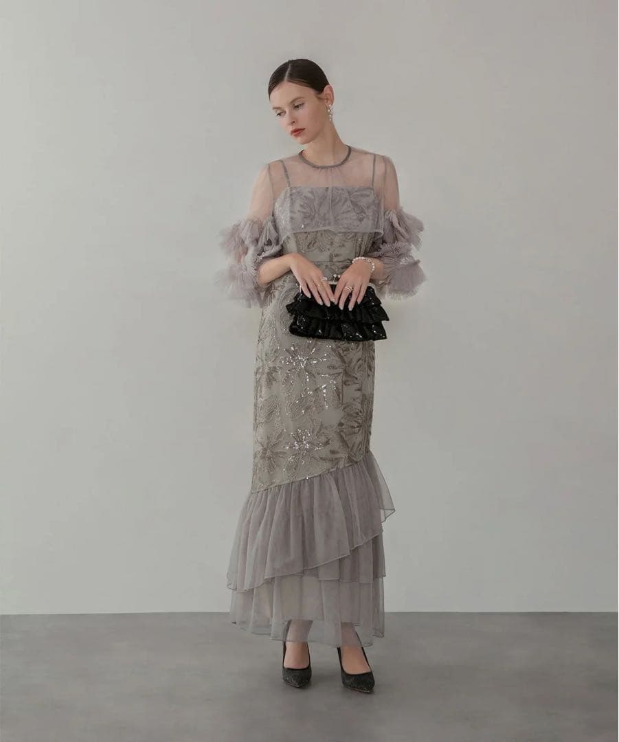 LEJA フラワースパンコールチュールフリルスリーブIラインワンピースドレス