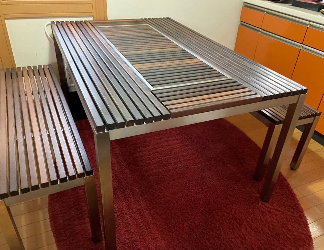 【手渡し限定】 Peak ガーデンテーブル・ウッドトップ2枚・ベンチ2脚