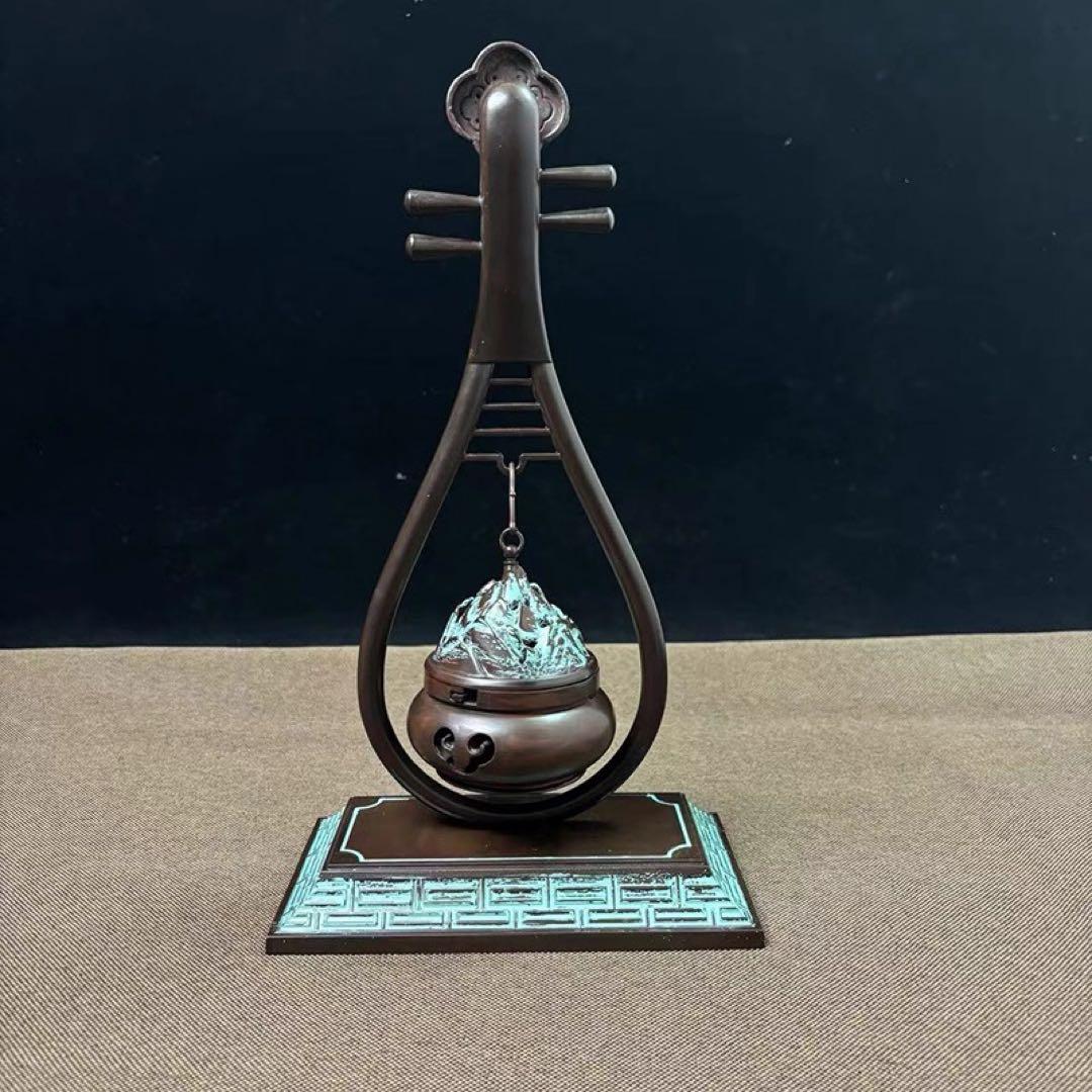 銅製 象嵌宝石琵琶弔炉 薫香炉 客間茶室掛炉 銅炉 美品 装飾品 工芸品 置物