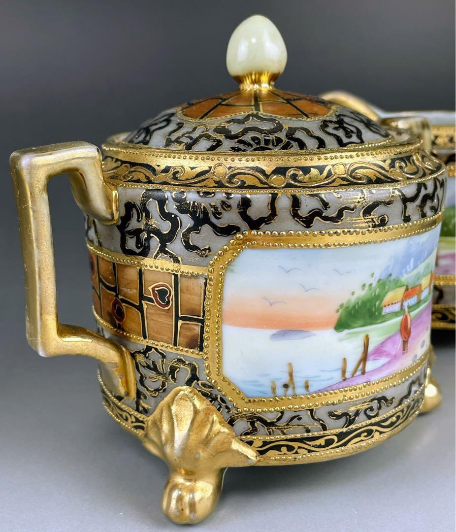 【希少】オールドノリタケ アールヌーボー様式 風景紋 シュガーボウル クリーマー