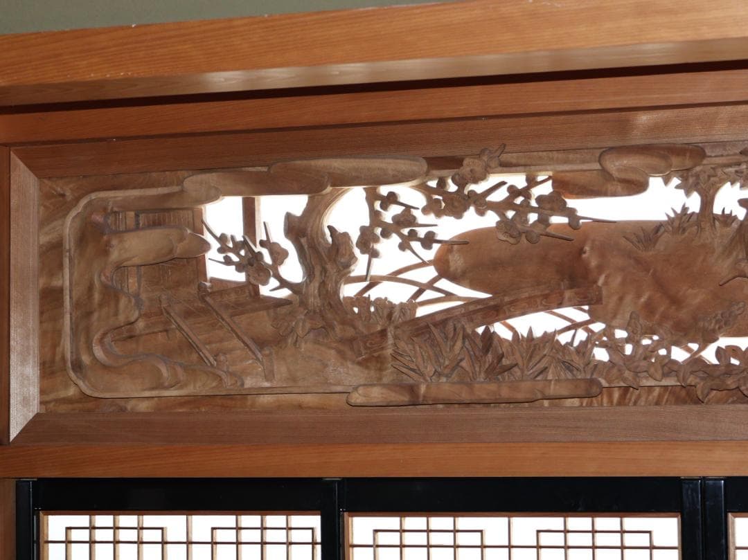 BK193　高級建具　井波彫刻 濱坂中義 作　書院　欄間　水鳥に庭園の図