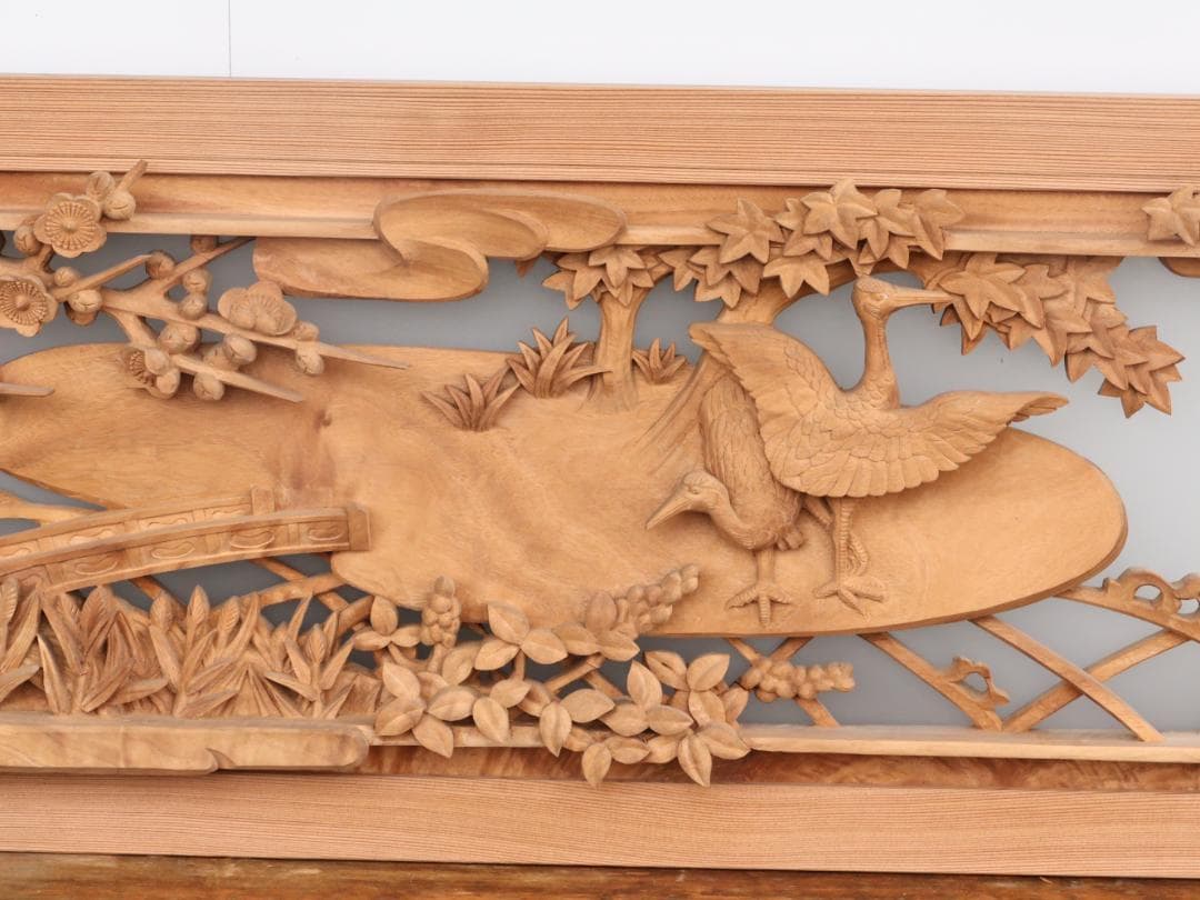 BK193　高級建具　井波彫刻 濱坂中義 作　書院　欄間　水鳥に庭園の図