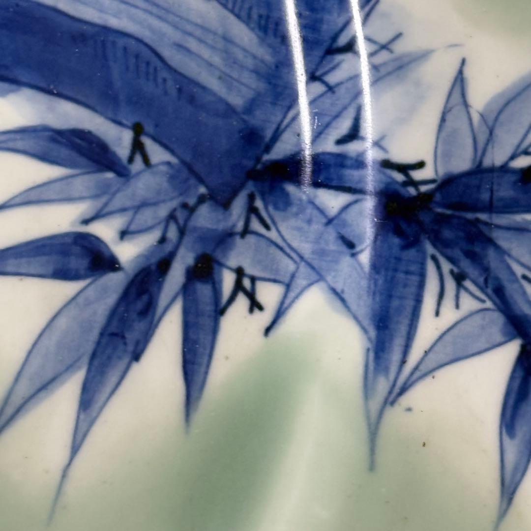 幕末〜明治期　青磁染付夜桜図楕円形大皿　牡丹文様　福　裏葡萄文様　48.6cm