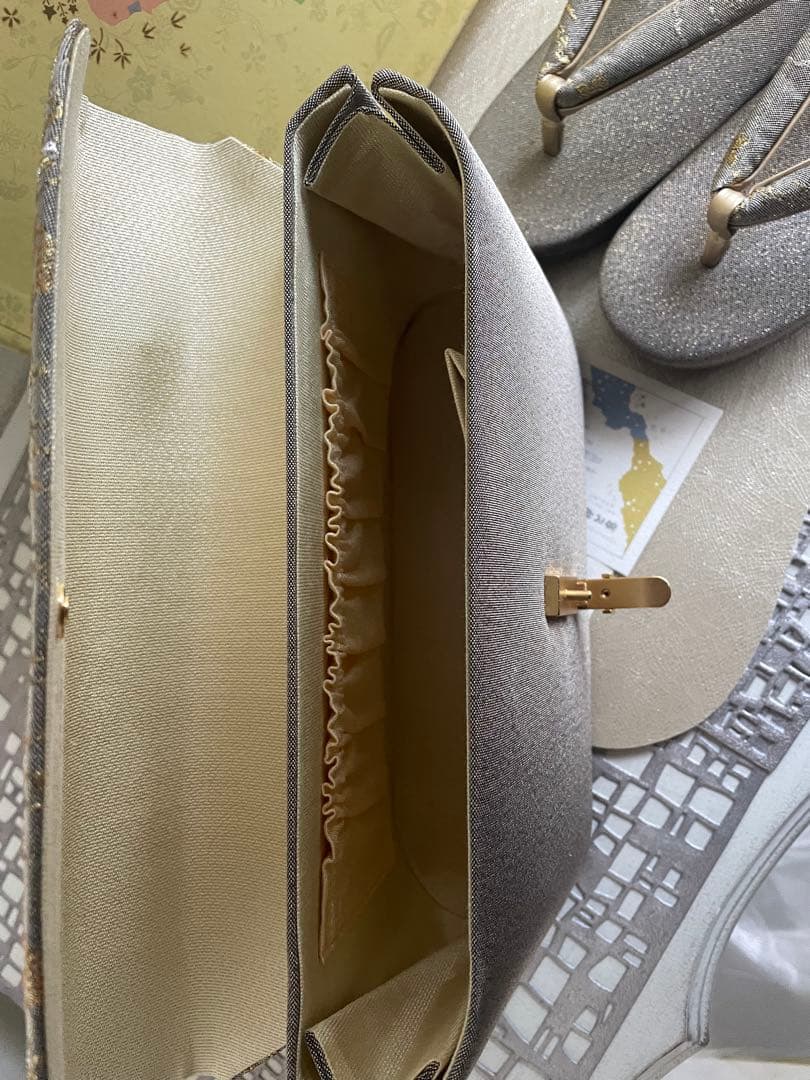 伊と忠　グレー 花柄 佐賀錦和装用バッグと草履セット