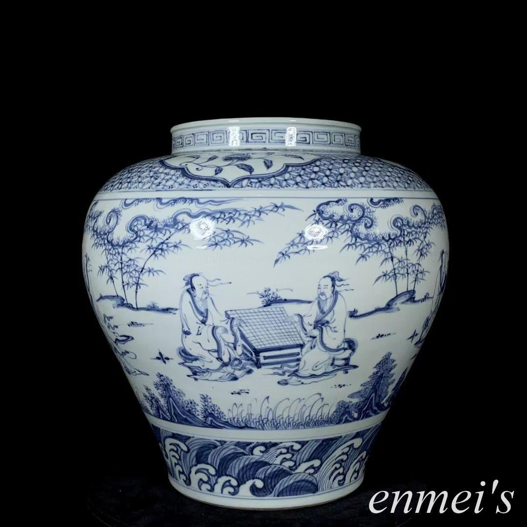 中国古美術✦明代正統期青花琴棋書画紋缶✦人物風景写意缶・文房具・純手描き・陶芸