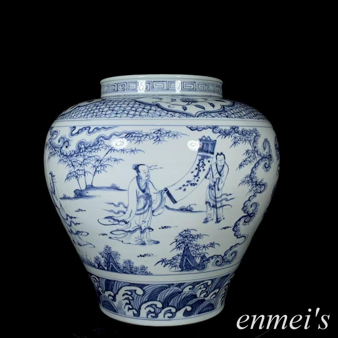 中国古美術✦明代正統期青花琴棋書画紋缶✦人物風景写意缶・文房具・純手描き・陶芸