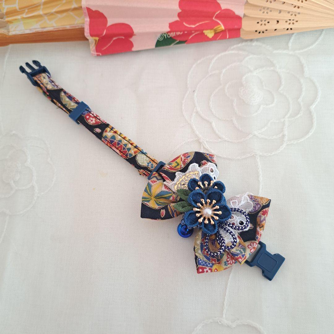 お正月、つまみ細工リボン(青③)わんちゃん猫ちゃん用首輪