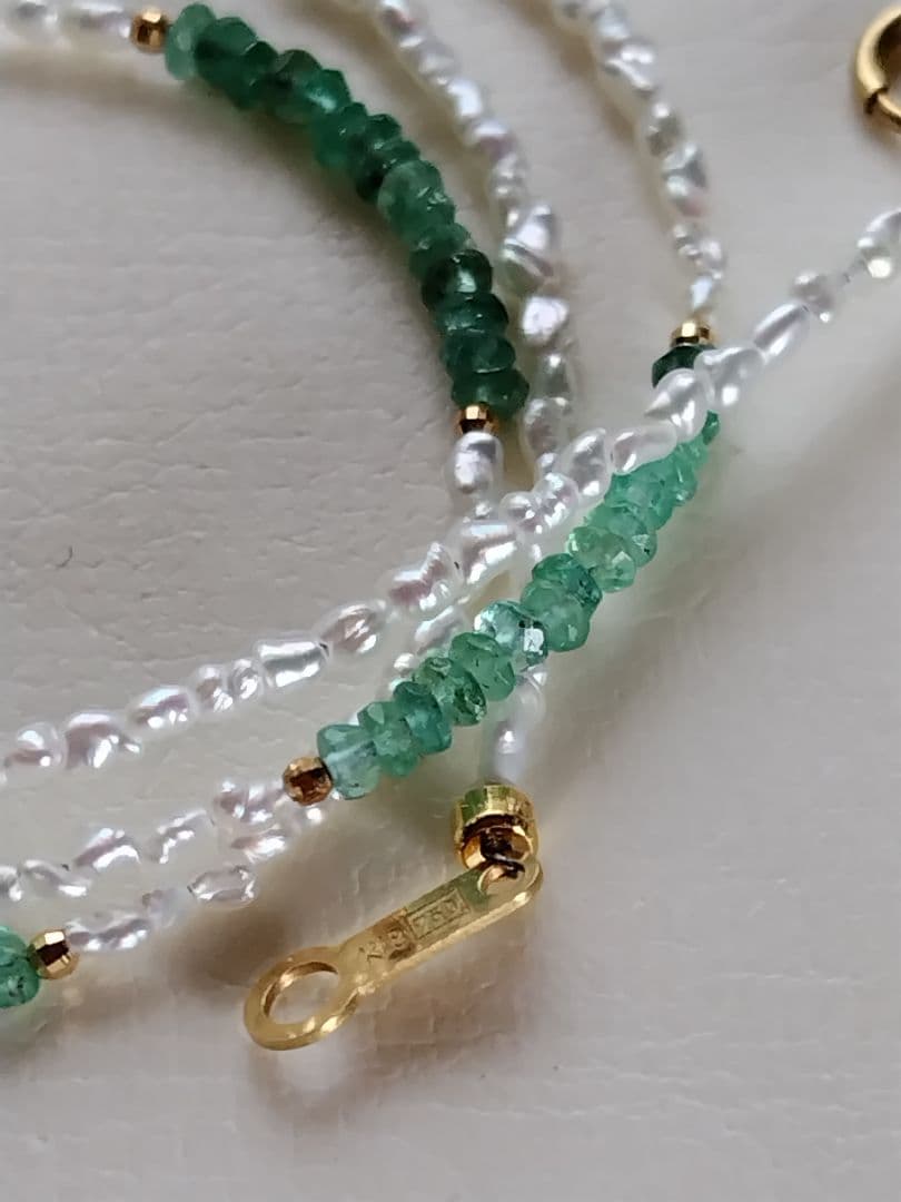 K18 エメラルド、あこや真珠芥子パール ネックレス