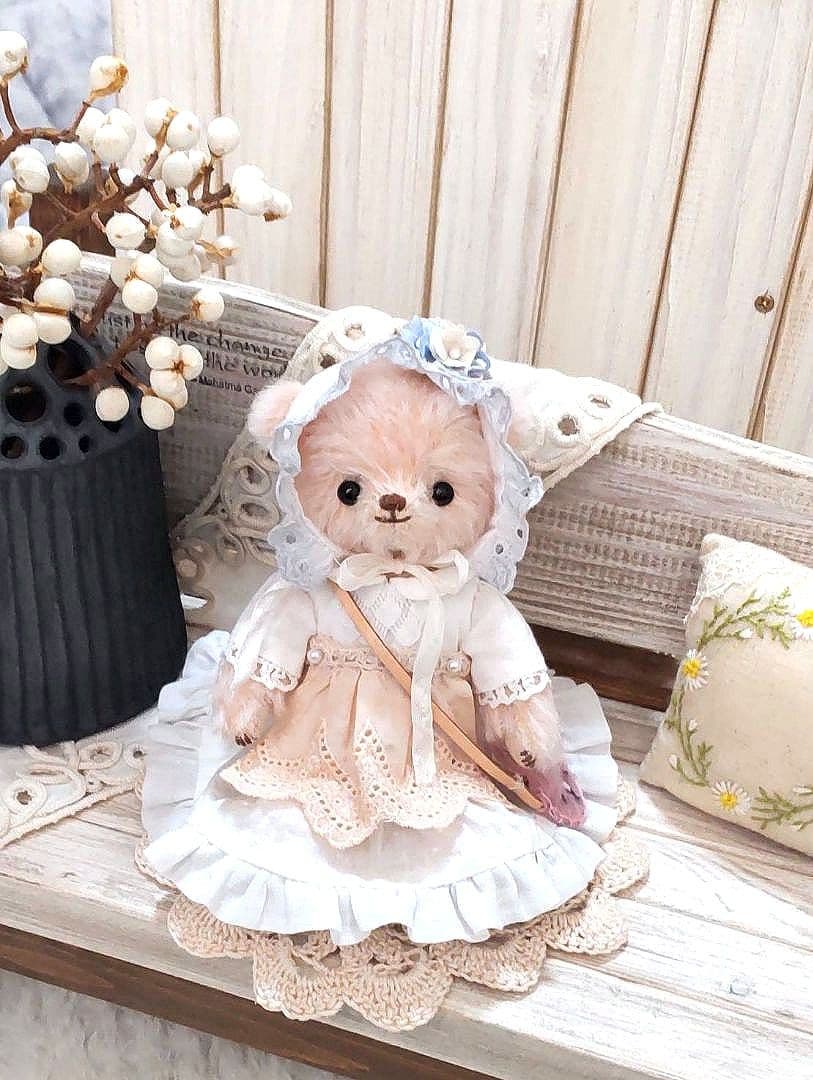 ハンドメイド テディベア ディストレスモヘア ローズ色 手作り