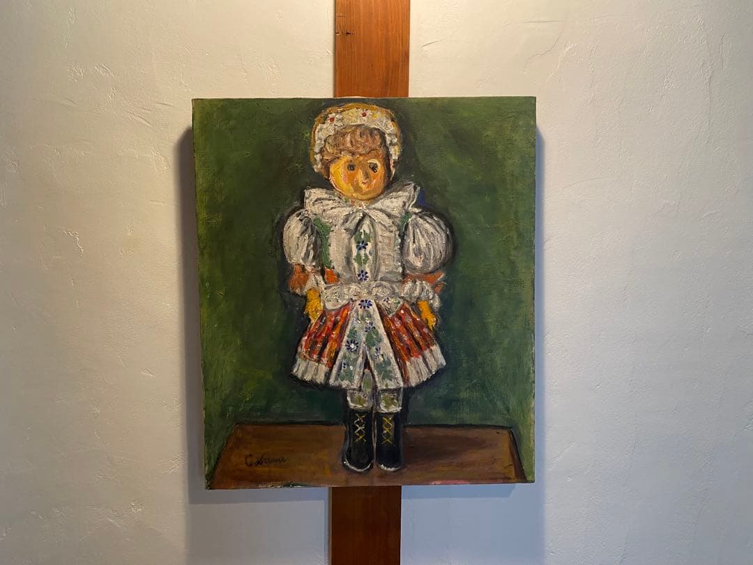 《緑のステージ》 人形画 油絵 F10号 53×46cm 額なし 無名作家