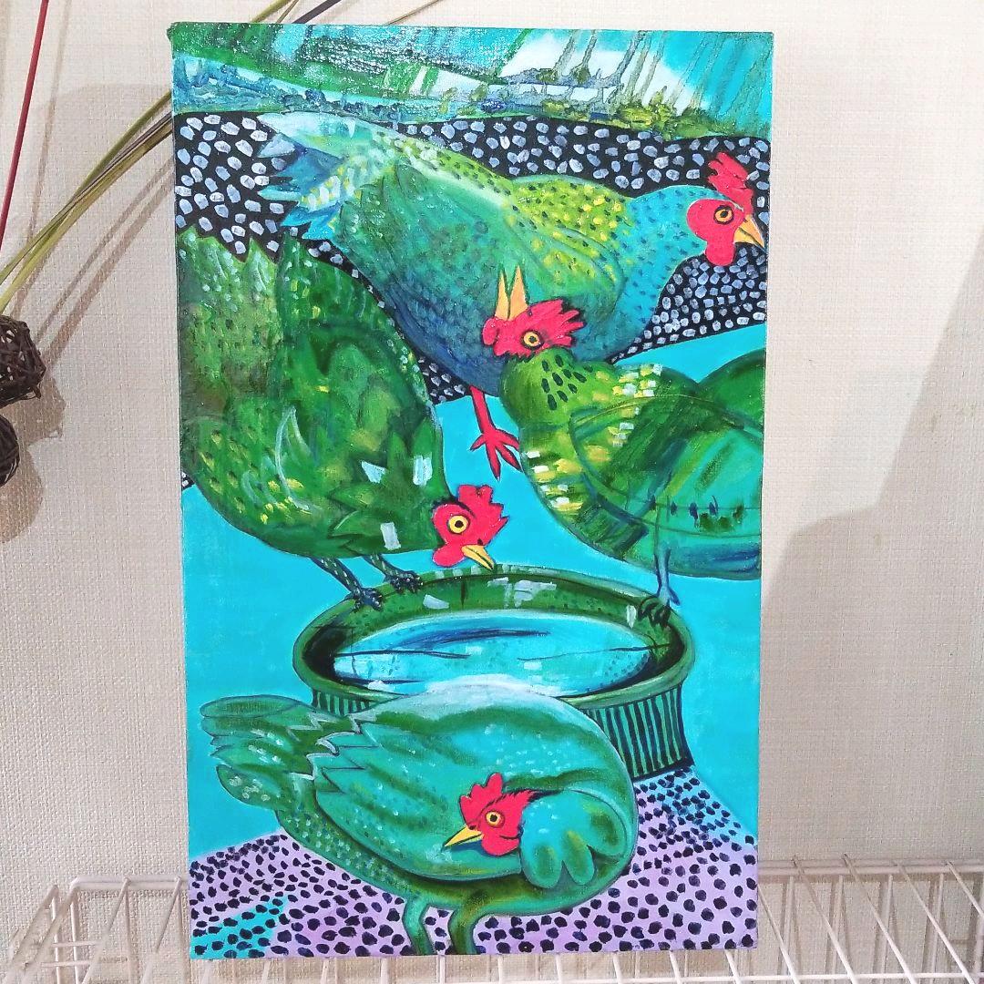 油絵　専用　緑色のめんどりたち