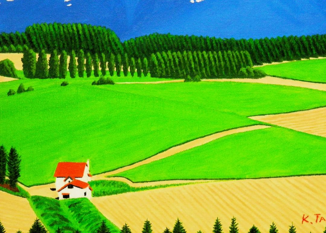 ★十勝連峰と赤い屋根の家・肉筆油彩画・F6キャンバス