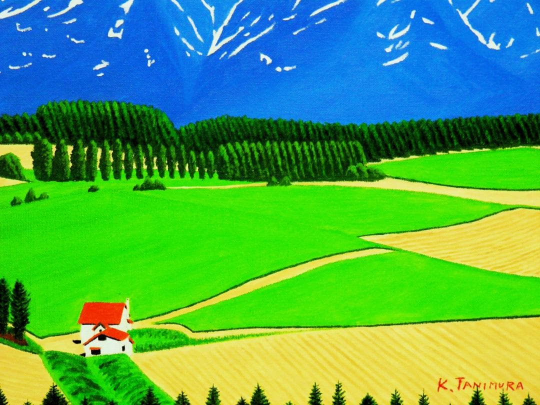 ★十勝連峰と赤い屋根の家・肉筆油彩画・F6キャンバス