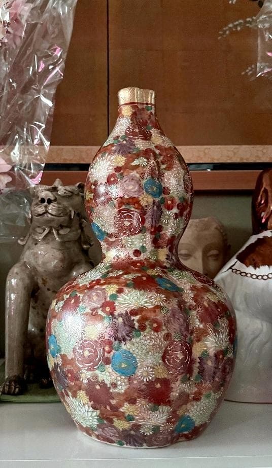 美品　薩摩焼　丸十字島津家紋入　花唐津　豪華絢爛　瓢箪型花瓶　金彩　色絵　絵付