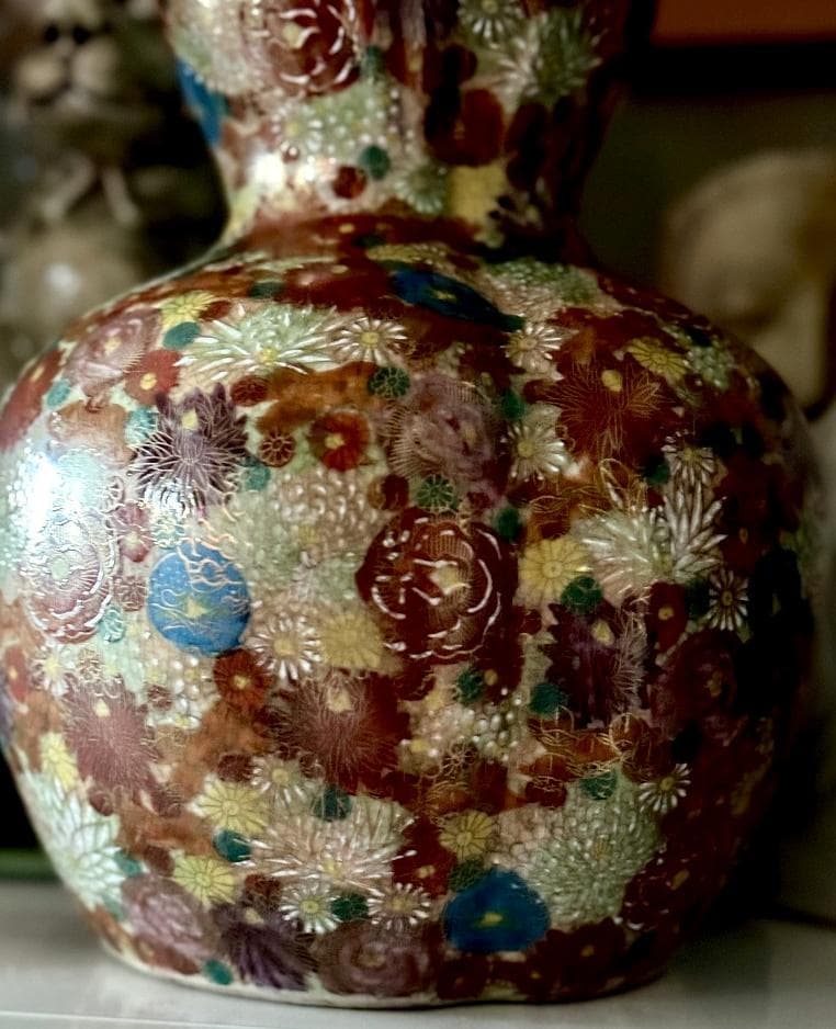 美品　薩摩焼　丸十字島津家紋入　花唐津　豪華絢爛　瓢箪型花瓶　金彩　色絵　絵付