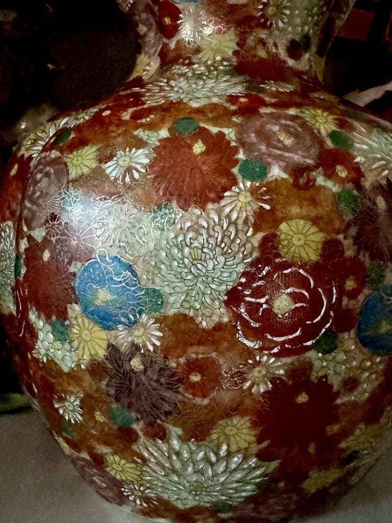 美品　薩摩焼　丸十字島津家紋入　花唐津　豪華絢爛　瓢箪型花瓶　金彩　色絵　絵付