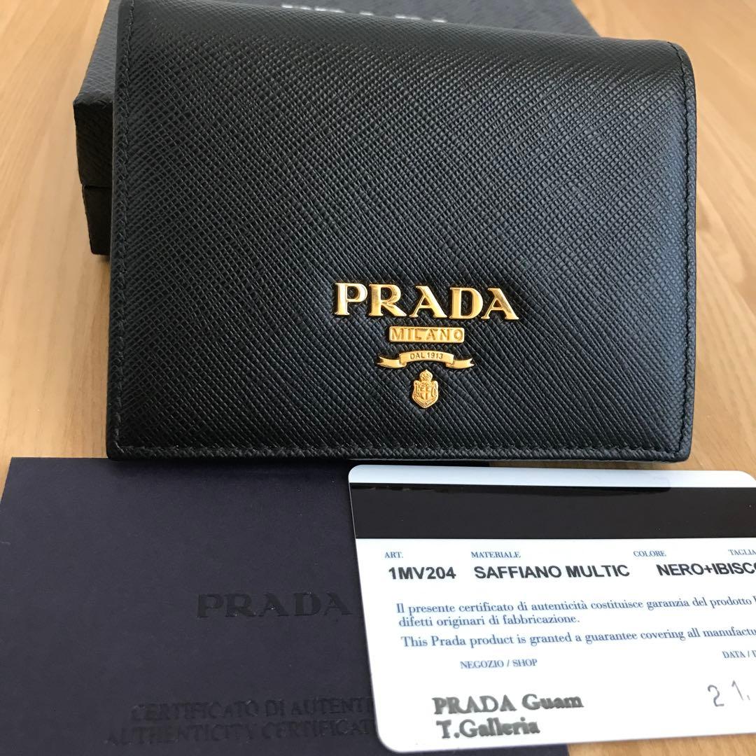 美品　PRADA プラダ　二つ折り財布　ミニ財布　黒×ピンク　マルチカラー