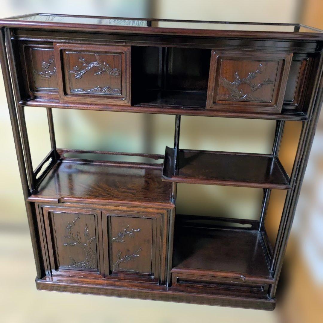 紫檀 違棚 飾棚 茶道具 透かし彫り