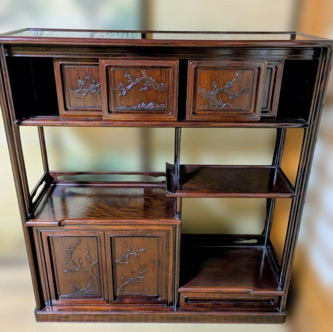 紫檀 違棚 飾棚 茶道具 透かし彫り