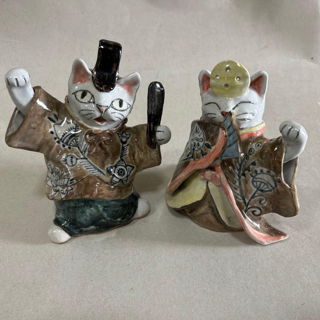 猫の招き雛人形 2体セット 陶器製