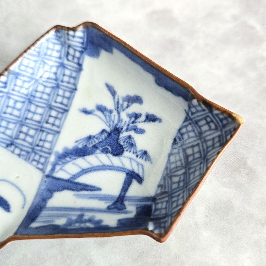 古伊万里　染付　小皿　豆皿　結び文　上手　型物　骨董品　アンティーク　金継ぎ