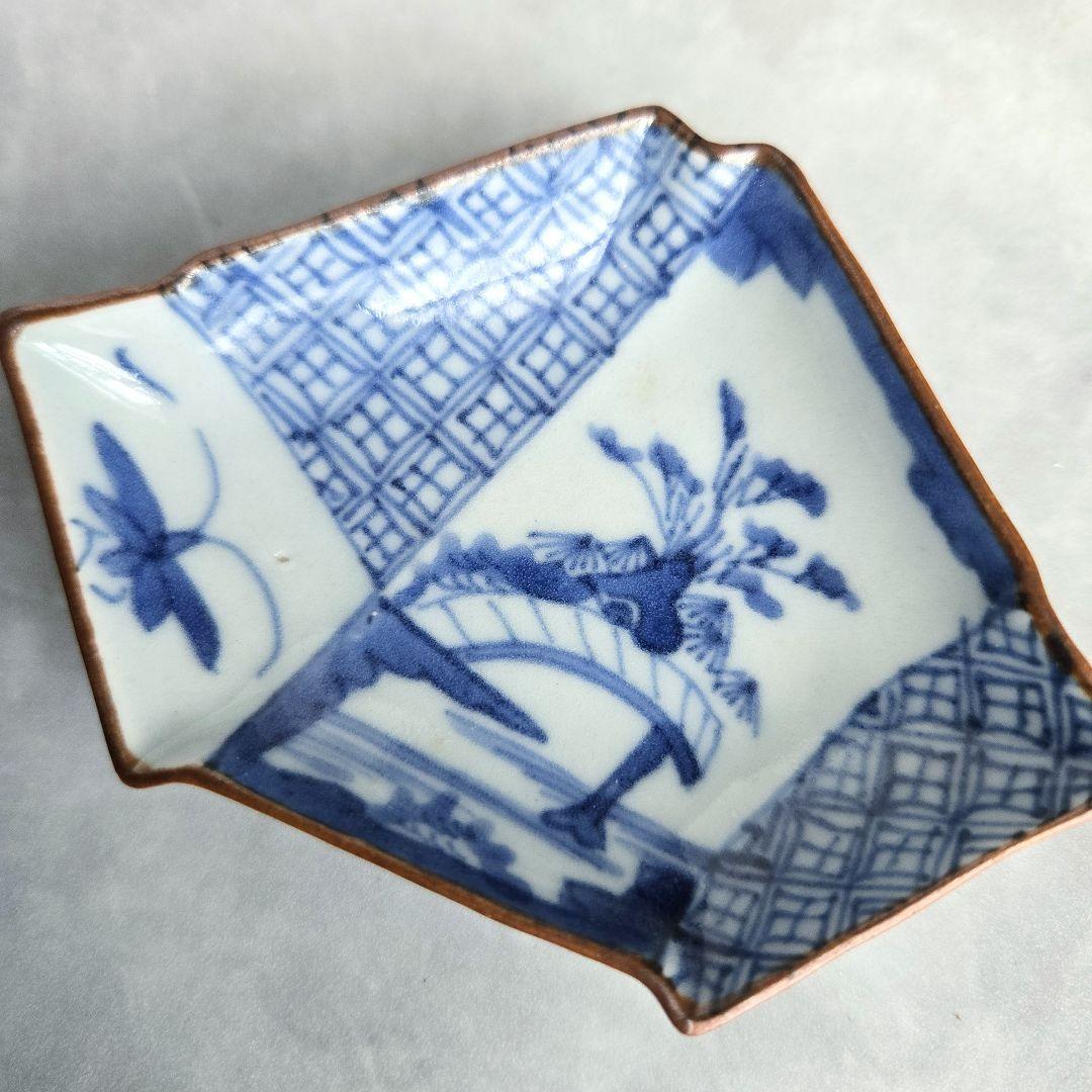 古伊万里　染付　小皿　豆皿　結び文　上手　型物　骨董品　アンティーク　金継ぎ