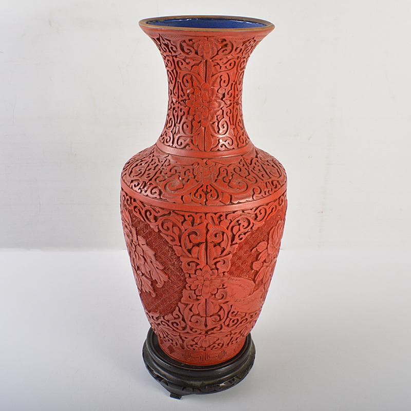 中国　剔紅　堆朱　内七宝　花文瓶　高さ約39㎝　唐木台付　Y　R7494B