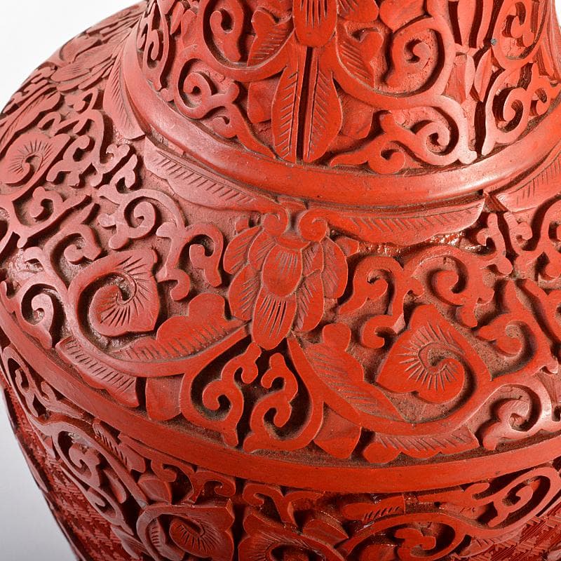 中国　剔紅　堆朱　内七宝　花文瓶　高さ約39㎝　唐木台付　Y　R7494B