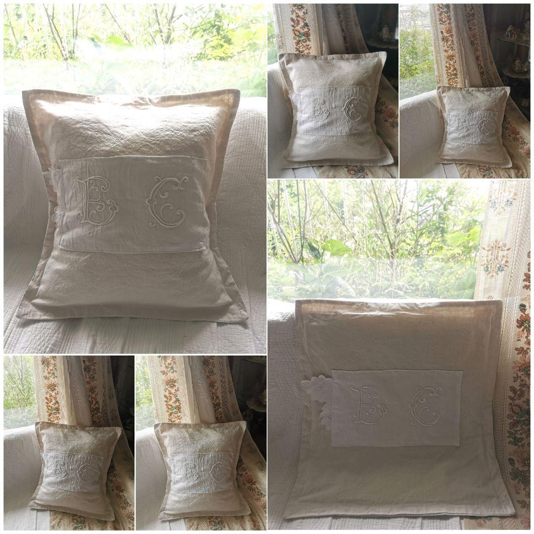 アンティークフランス 花文字モノグラムＥＣ手刺繍 リネンラージクッションカバー