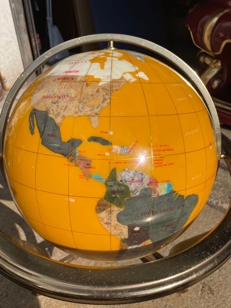 イエロー 黄色 方位磁石付き 天然石 アンティーク 地球儀 インテリア