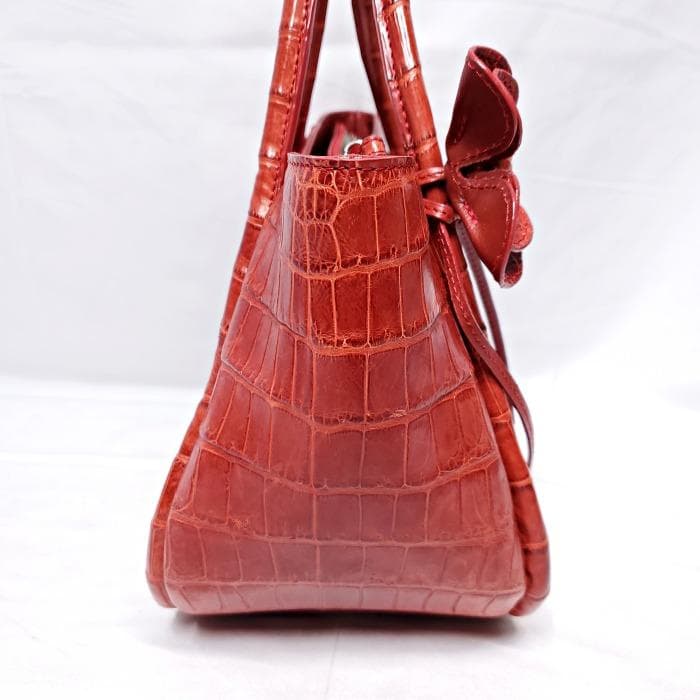 【美品】 BAGFAN クロコ レザー 本革 フラワーモチーフ ハンドバッグ