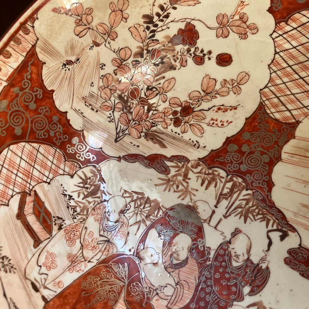 アンティーク 九谷焼 赤絵 特大 三ツ鉢 深鉢 細密赤絵 山水賢人図 骨董