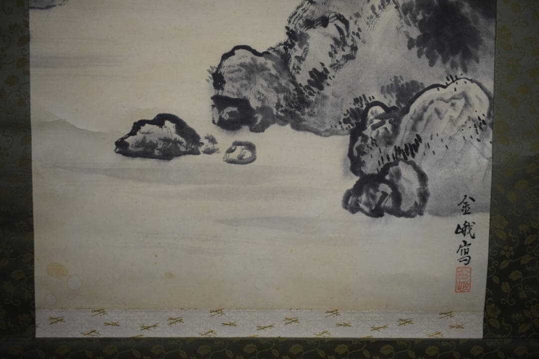 真作/古市金峨/桜花山水図/絹表装/布袋屋掛軸HI-107