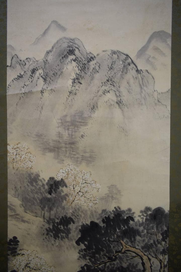 真作/古市金峨/桜花山水図/絹表装/布袋屋掛軸HI-107