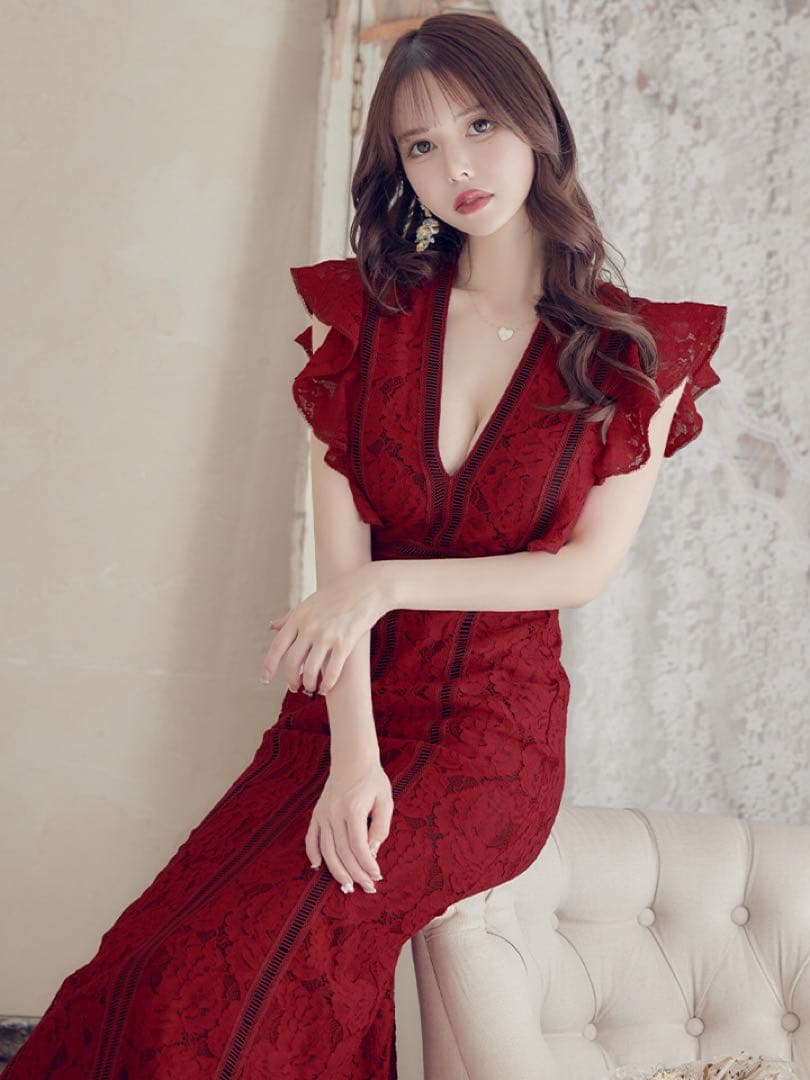 SETTANセッタン/総レースVネックAラインロングワンピースキャバドレス/2赤