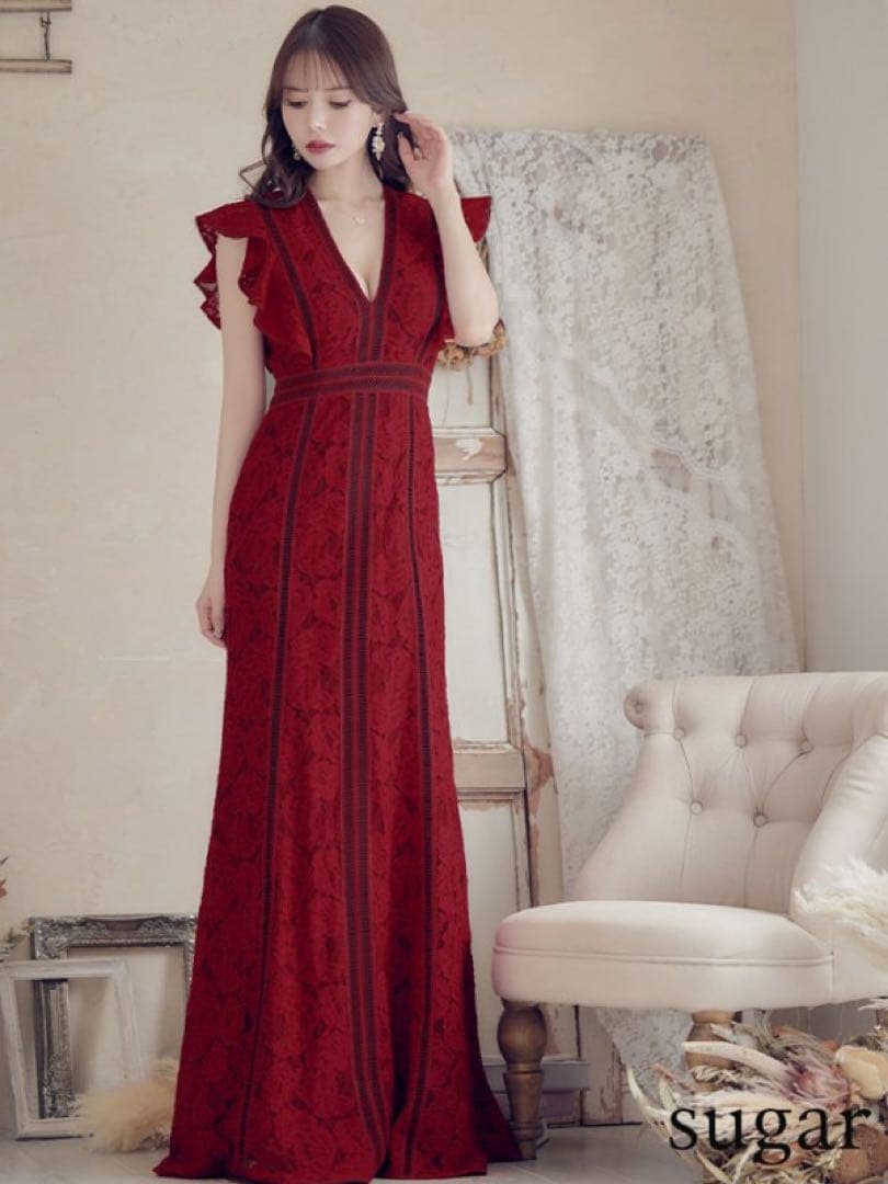 SETTANセッタン/総レースVネックAラインロングワンピースキャバドレス/2赤