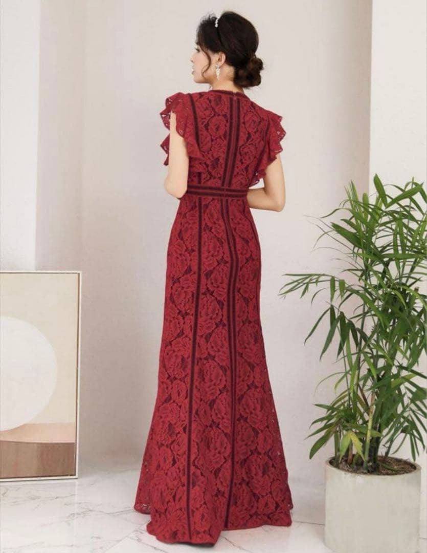 SETTANセッタン/総レースVネックAラインロングワンピースキャバドレス/2赤