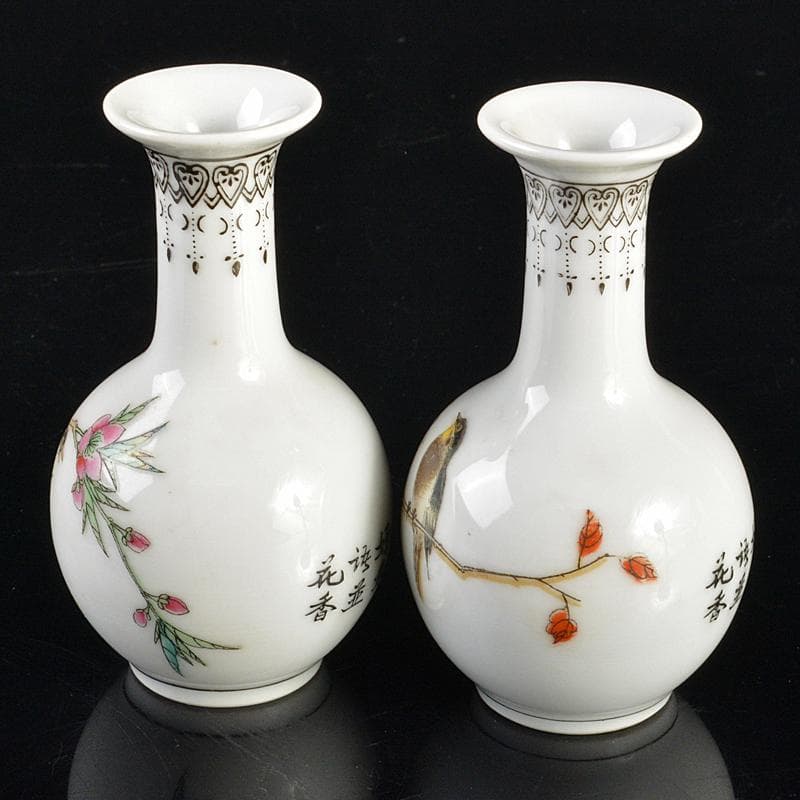 中国　中国景徳鎮製　粉彩　漢詩花鳥文　小瓶　一對　V　R6638