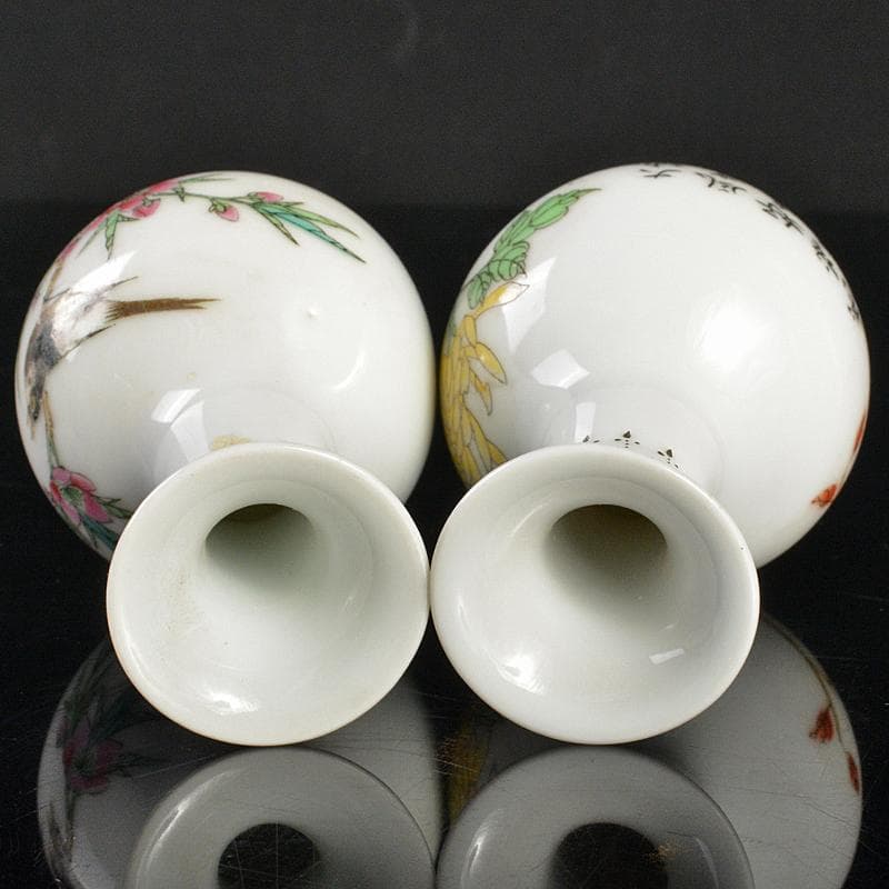 中国　中国景徳鎮製　粉彩　漢詩花鳥文　小瓶　一對　V　R6638