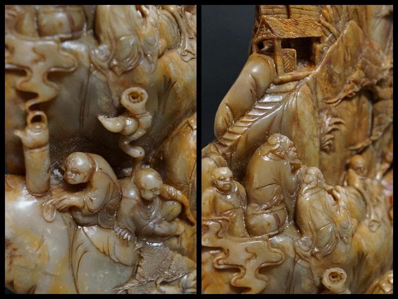 時代物 大型寿山石 高浮彫『祥瑞山水人物図』置物 手彫り擺件中国古賞物 古美術品