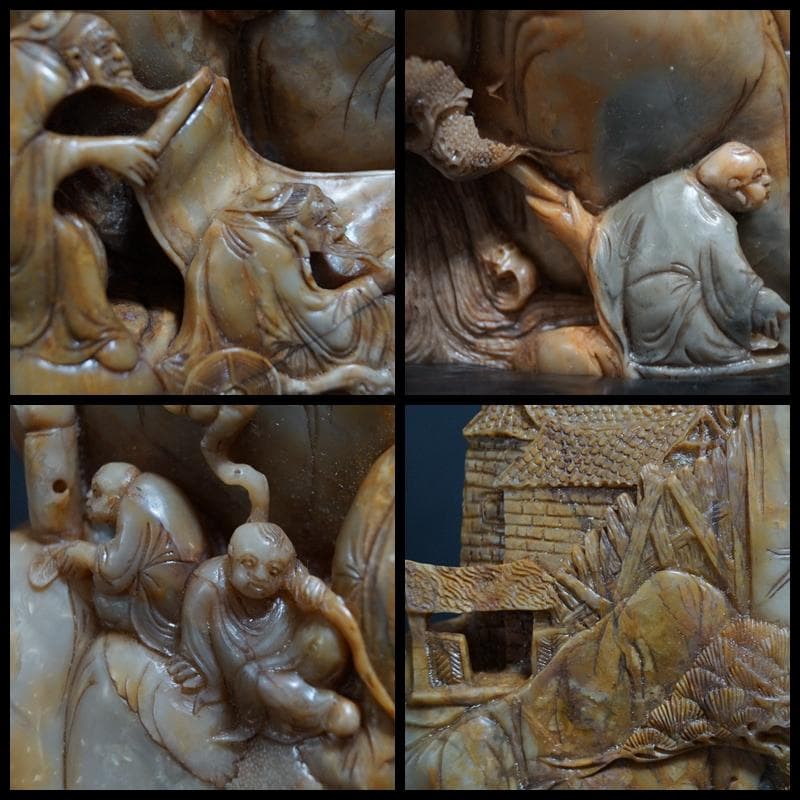 時代物 大型寿山石 高浮彫『祥瑞山水人物図』置物 手彫り擺件中国古賞物 古美術品